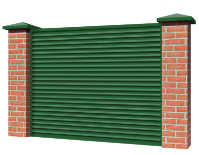 Секция забора жалюзи из ламелей Жалюзи ЭКО-Z RAL6002 Зеленый лист с кирпичными столбами