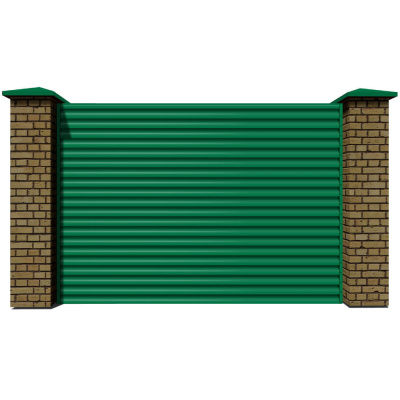 Секция забора жалюзи из ламелей еврожалюзи RAL6029 Зеленая Мята с кирпичными столбами анфас